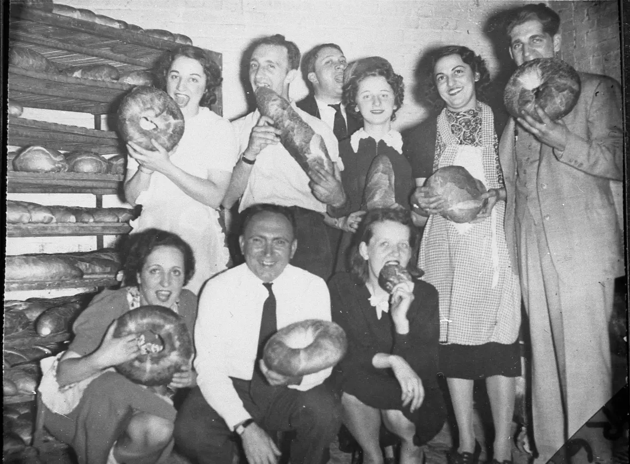The Maranto bakery crew with fresh-baked loaves, 1940s
