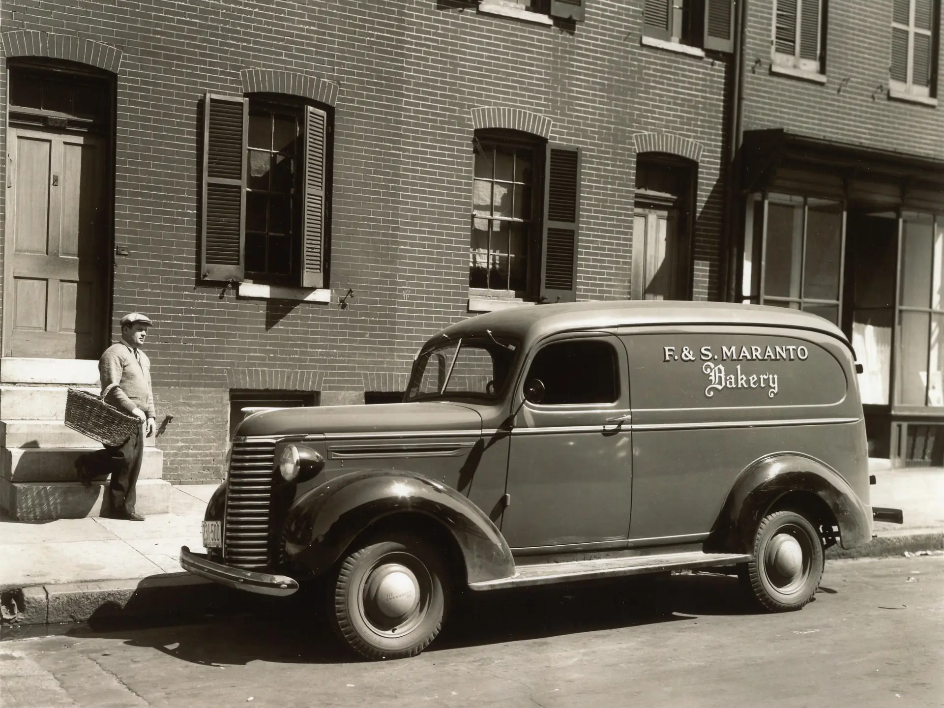 The F. & S. Maranto Bakery delivery van on a Baltimore rowhouse street, circa 1939